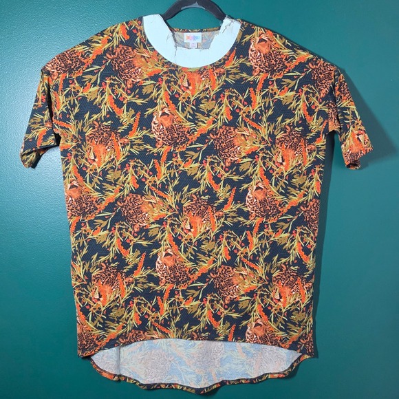 LuLaRoe Tops - LuLaRoe Irma Tunic Top Women Medium Leopard Tropical Print High Low Short Sleeve